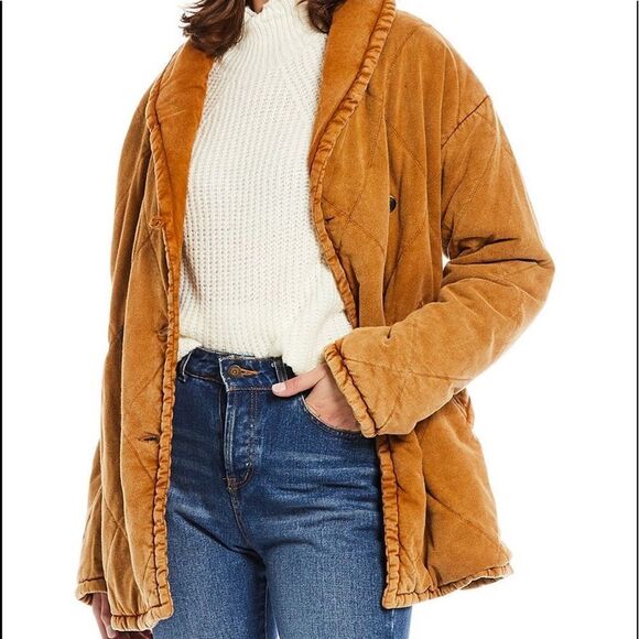 Shawl Collar Button Front Long Sleeve Quilted Statement Puffer Jacket - Picture 1 of 4
